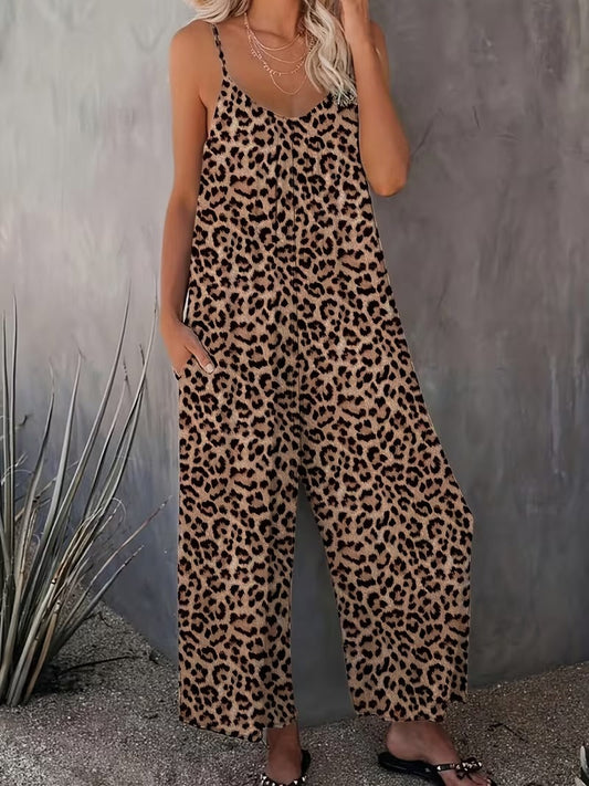 Women's Casual Sleeveless Leopard Print Jumpsuit with Pockets