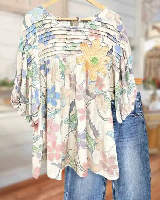 Applique & Floral Print Pleated Detail Rocking Blouse