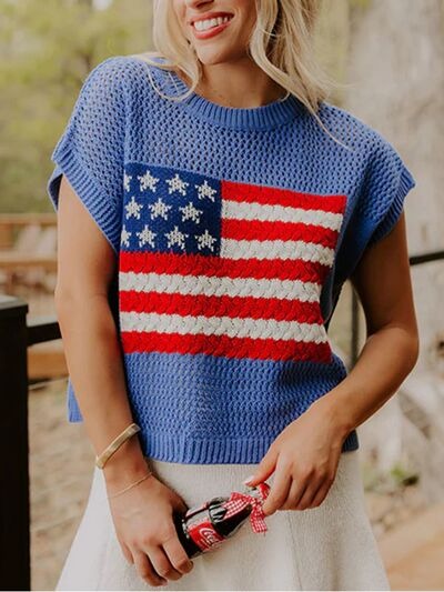 Limited time sale🔥Flag Graphic Short Sleeve Hollow Out Top