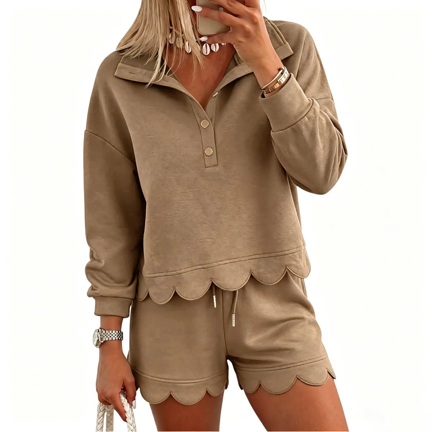 Women Scalloped Hem Half Button Polo Long Sleeve Top & Drawstring Shorts Two Piece Set
