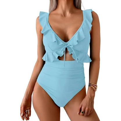 ⏰Hot Sale-Women Tummy Control Ruffle Bathing Suit V Neck Ruched Swim Suit