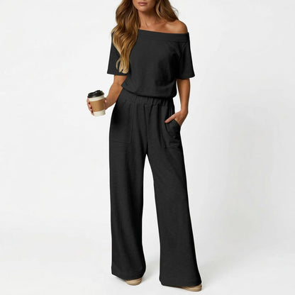 ⏰Hot Sale-Women's Short Sleeve Back Cutout Casual Wide Leg Loose Fit One-Piece Jumpsuit